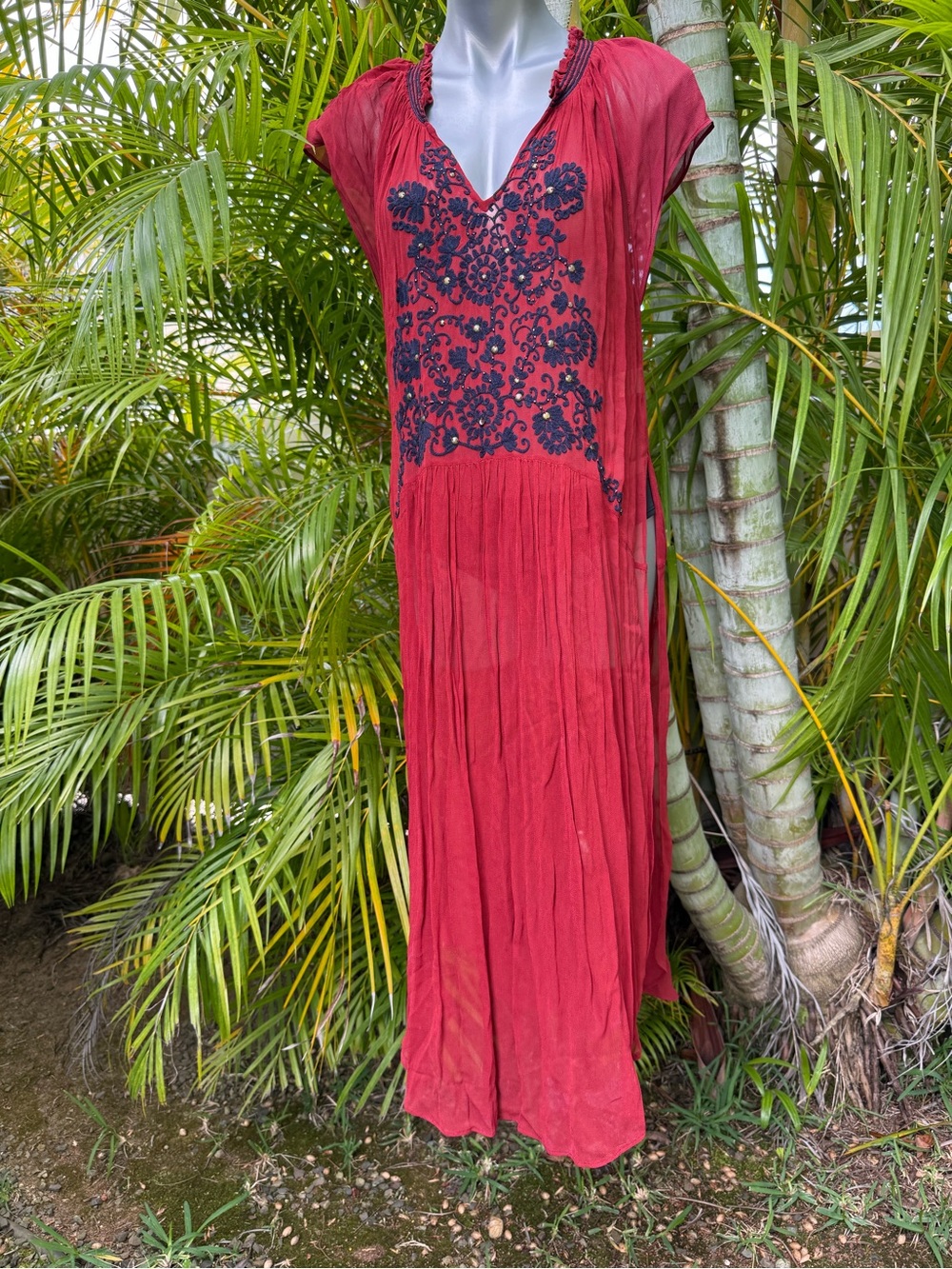 Free People Red Maxi Dress with Black Embroidered Bodice
